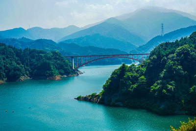 Bridge over river against mountain