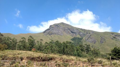 Scenic view of mountains against blue sky