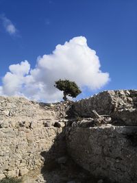 Low angle view of rock formation against sky