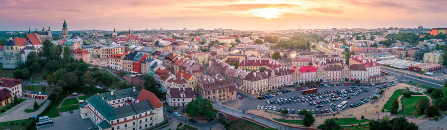 High angle view of cityscape against sky