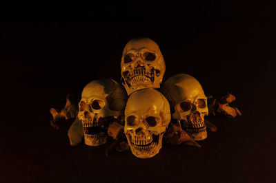 Close-up of human skull against black background