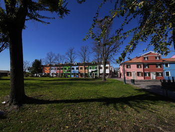 Houses and trees on field against blue sky