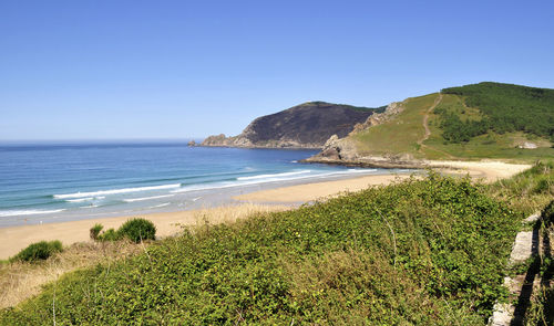 Scenic view of beach against clear blue sky