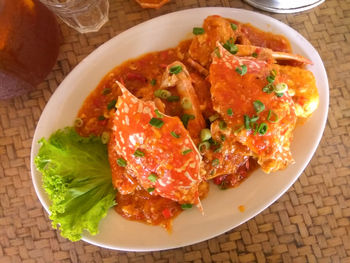 High angle view of food in plate on table