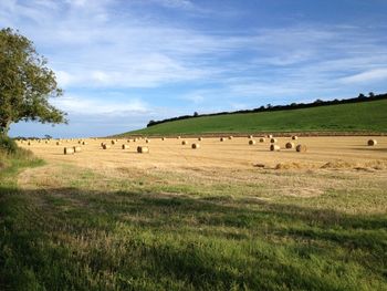 Hay bales on field against sky