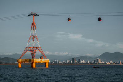 Cable car in the sea against the sky