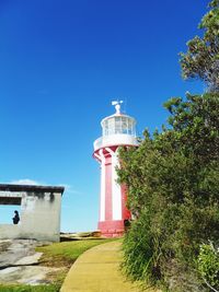 Lighthouse amidst plants and buildings against clear blue sky