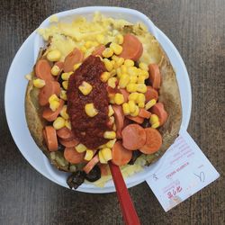 High angle view of food in plate on table