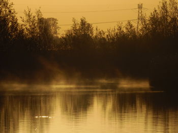 Reflection of trees in water at sunset