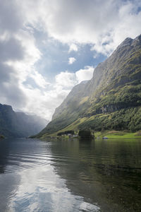 Scenic view of lake and mountains against sky