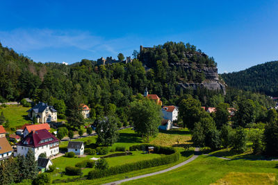 Panoramic view of mount oybin and the ruins of the monastery church and the castle, germany.