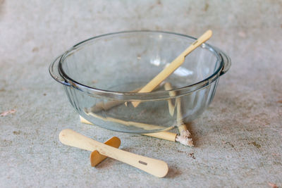 High angle view of drinking glass on table