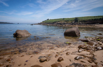 Rocks on beach against sky