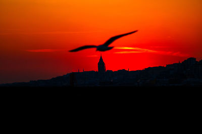 Silhouette birds flying against sky during sunset