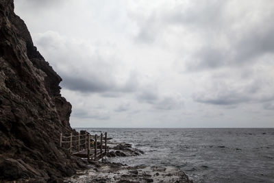 Rock formation by sea against cloudy sky
