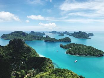 High angle view of bay against sky