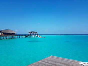 Scenic view of sea against clear blue sky