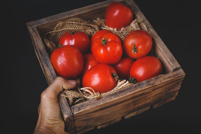 High angle view of tomatoes in basket