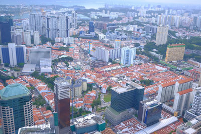 High angle view of singapore financial buildings at morning