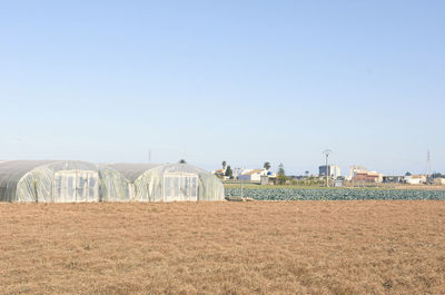 Panoramic view of agricultural field against clear sky