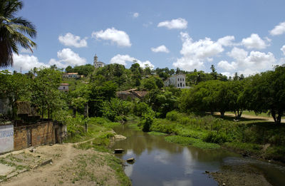 River amidst trees and buildings against sky