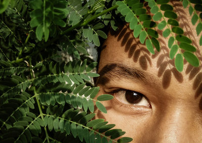 Close-up portrait of man by plant 