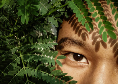 Close-up portrait of woman with leaves against tree