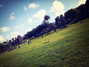 Trees on grassy field against cloudy sky