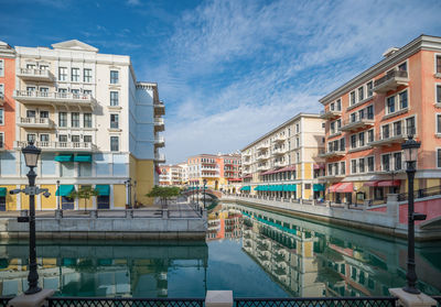 Buildings by canal against sky in city