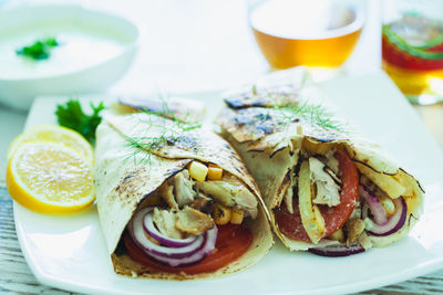 Close-up of breakfast served on table