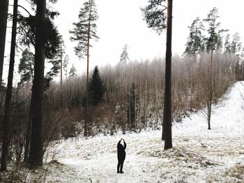 Man walking in forest during winter