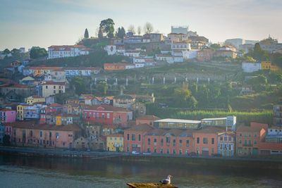 Buildings by river against sky in town