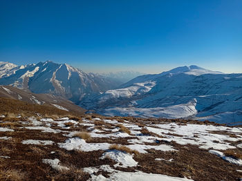 Scenic view of snowcapped mountains against clear blue sky