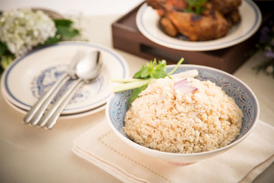 High angle view of food in plate on table