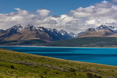 Scenic view of lake by mountains against sky