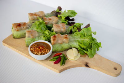 High angle view of food served on table