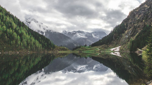 Scenic view of lake and mountains against sky