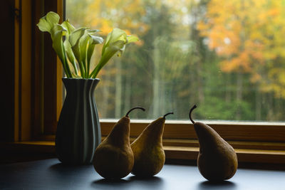 Close-up of vase on table against window
