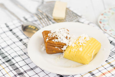 Close-up of dessert in plate on table