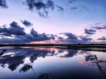 Scenic view of lake against sky at sunset