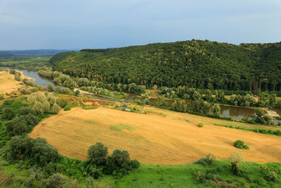 High angle view of field against sky