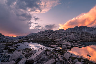 Scenic view of snowcapped mountains against sky during sunset