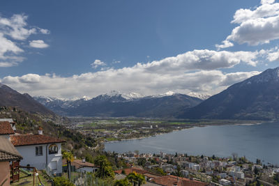 High angle view of townscape by sea against sky