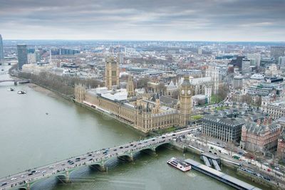 Aerial view of city against cloudy sky