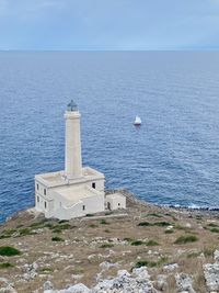 Lighthouse by sea against sky