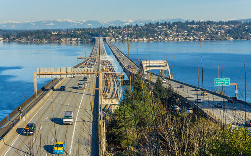 Looking at seattle floating bridges form a viewpoint above.