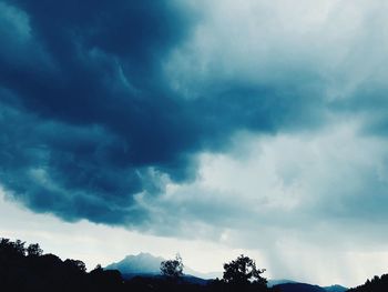 Low angle view of trees against cloudy sky