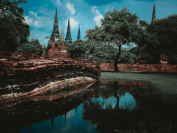 Reflection of trees and buildings in lake