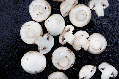 White button mushrooms on black surface with water droplets