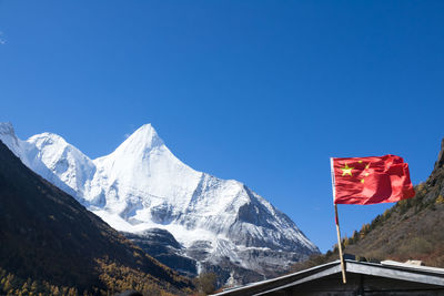 Scenic view of snowcapped mountains against clear blue sky